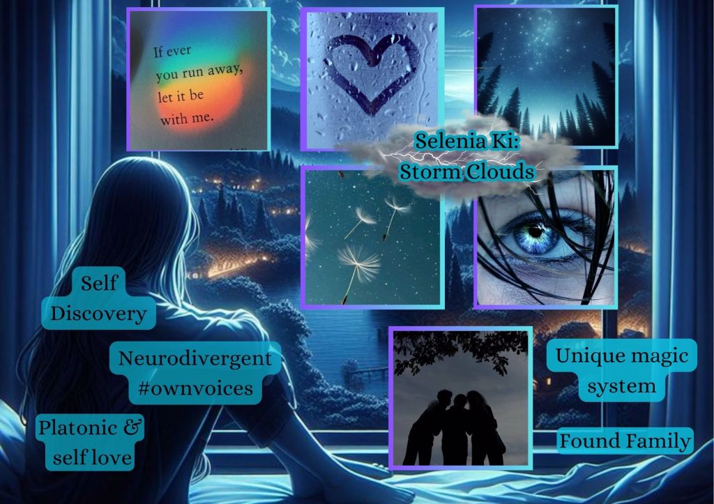 Background is a young girl sitting on her bed, hugging her knees as she looks out a large window that holds a landscape of enchanting lights, endless trees, and a winding river. There are square images in the window. 1) the words "If ever you run away, let it be with me" shrouded in a rainbow light. 2) a mist and rain covered window with a heart drawn in the fog. 3) an upward view of a star-filled night sky with pine trees surrounding. 4) dandelion seeds taking flight into a vast night sky. 5) A close up of an eye with blue eyes that seem to shine with magic, locks of wet, black hair surround it. 6) a silhouetted group hug of three friends under tree branches with a cloudy night sky beyond them. Words are found on the girl looking out the window, reading "Self Discovery" "Neurodivergent #Ownvoives" and "Platonic & Self love." Elsewhere in this moodboard are the words "Unique Magic System" and "Found Family." 

Just in the middle of the square images is a storm cloud with lightning and the words "Selenia Ki: Storm Clouds."
