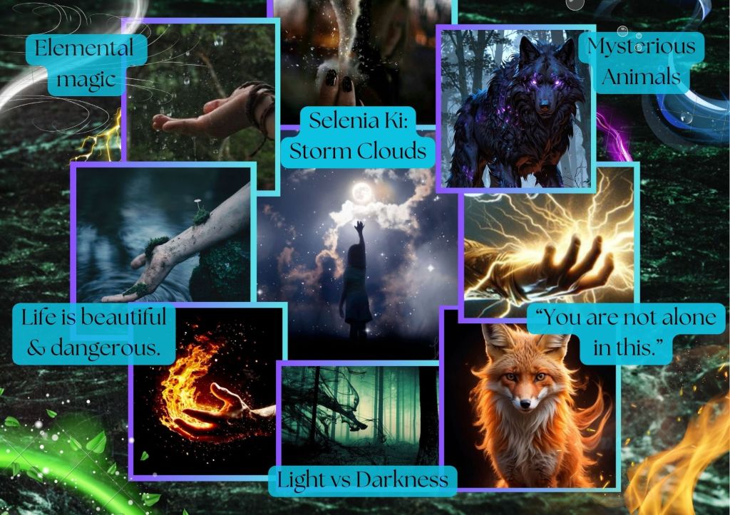 Background is a greenish raging water. In the corners of this image, we have 1) a white shining vaporous line with gusts of wind around it. 2) A green shining vaporous line with leaves around it. 3) Flames of a red-orange fire with ashes wafting off it. 4) a blue shining vaporous line with bubbles in and around it. 

In the center of this moodboard is a girl standing in a field with her hand reaching upward to a distant moon surrounded by a vast sky of stars mixed with clouds. Eight pictures surround this girl: 1) A person holding their hand out with a mini tornado swirling in their fingers. 2) A hand with water droplets levitating around it. 3) a hand with dirt, moss, and flowers growing out of it as it reaches into water from above a mossy rock. 4) a hand with fire roaring out of the palm. 5) vaporous black shadows creeping through a green lighted forest. 6) a red fox whose fur turns to fire at the edges. 7) a hand holding an explosion of electricity 8) a black wolf with shining violet eyes and violet specks floating around it. On the side of the wolf image is a stream of shining purple energy that creeps behind the lightning hand. Opposite this, there is a small lightning bolt that connects the water and nature hand images. 

Words are found around the moodboard that read: "Elemental Magic" "Life is beautiful & dangerous." "Light vs Darkness" "You are not alone in this." and "Mysterious Animals." Just above the image of the girl reaching for the moon is the title: "Selenia Ki: Storm Clouds" 